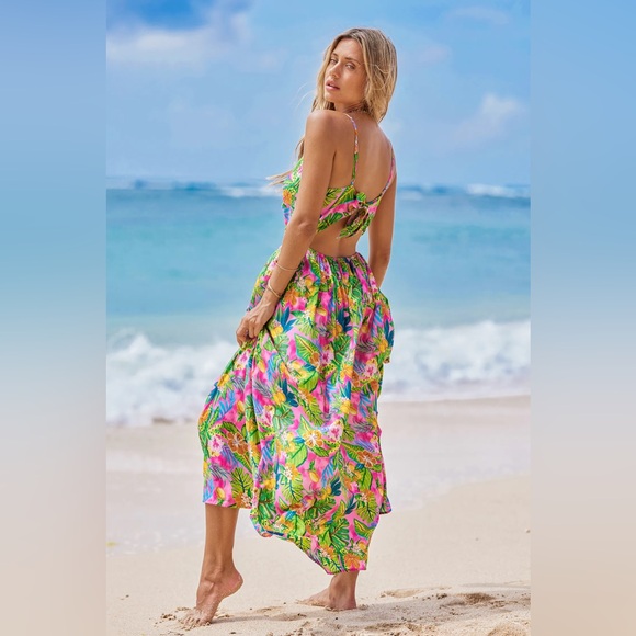 Cupshe Pink Tropical Floral Maxi Dress Open Tie Back Size Medium - Picture 2 of 11